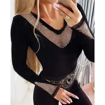 Shirt Blouse Women's Black Color Block Patchwork Rhinestone Casual Fashion V Neck Slim S