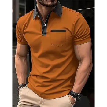 Men's Polo Shirt Button Up Polos Business Casual Lapel Short Sleeve Fashion Basic Color Block Patchwork Pocket Summer Regular Fit Black White Navy Blue Brown Gray Polo Shirt