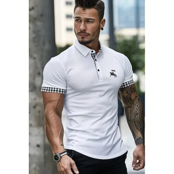 Men's Polo Shirt Golf Shirt Casual Holiday Lapel Short Sleeve Fashion Basic Plaid Color Block Patchwork Summer Regular Fit White Polo Shirt