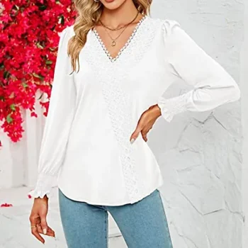 Shirt Blouse Women's Black White Wine Solid Color Lace Street Daily Fashion V Neck S