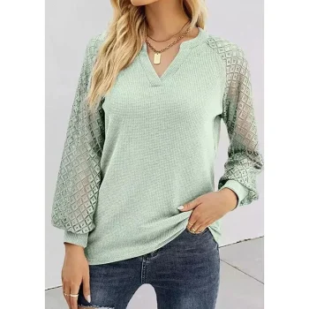 Shirt Blouse Women's Light Green Plain Lace Patchwork Casual Fashion V Neck Regular Fit S