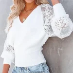 Shirt Blouse Women's Black White Solid Color Lace Street Daily Fashion V Neck S