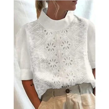 Shirt Blouse Women's White Solid Color Cut Out Street Daily Fashion Standing Collar S