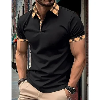 Men's Polo Shirt Button Up Polos Casual Holiday Lapel Short Sleeve Fashion Basic Plaid Color Block Patchwork Summer Regular Fit Black White Red Navy Blue Sky Blue Beige Polo Shirt