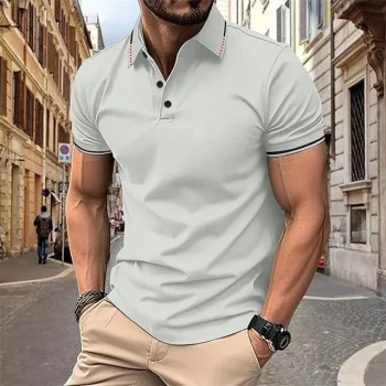 Men's Polo Shirt Golf Shirt Work Casual Lapel Short Sleeve Basic Modern Plain Button Spring & Summer Regular Fit Dark Pink White Pink Khaki Light Grey Light Blue Polo Shirt