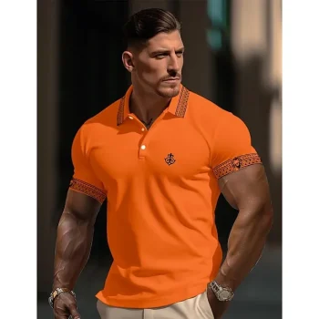 Men's Polo Shirt Golf Shirt Casual Holiday Lapel Short Sleeve Fashion Basic Color Block Lion Patchwork Summer Regular Fit Orange Polo Shirt