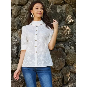 Women's Blouse Cotton Linen Plain Casual Beach White Lace Patchwork Embroidered Half Sleeve Basic Standing Collar Regular Fit Summer Spring