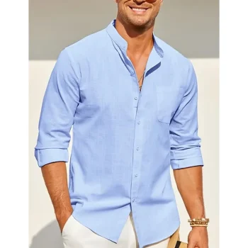 Men's Shirt Linen Shirt Button Up Shirt Beach Shirt White Pink Navy Blue Long Sleeve Plain Standing Collar Spring & Fall Casual Daily Clothing Apparel Front Pocket