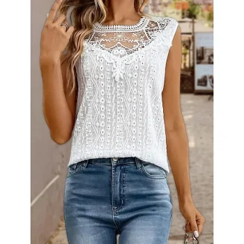 Tank Women's White Solid Color Lace Street Daily Fashion Round Neck S