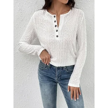 Shirt Blouse Women's White Solid Color Button Cut Out Street Daily Fashion Round Neck Regular Fit S