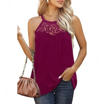 Tank Women's Black White Light Green Solid Color Lace Street Daily Fashion Round Neck Regular Fit S