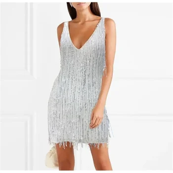 Women's Silver Sequin Dress Fringe Dress Party Dress Sparkly Dress Mini Dress Silver Sleeveless Spring V Neck Stylish Wedding Guest