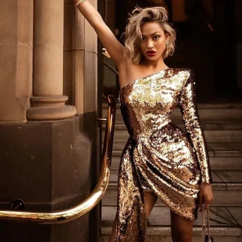 Women‘s Party Dress Homecoming Dress Sequin Dress Sheath Dress Mini Dress Gold Long Sleeve Pure Color Sequins Winter Fall Autumn One Shoulder Party Party Winter Dress Birthday S M L XL
