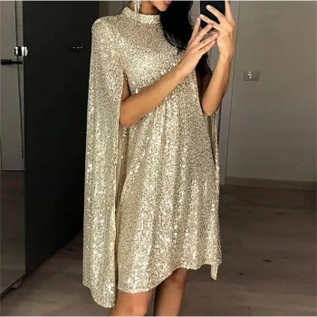 Women's Gold Christmas Dress Sequin Dress Party Dress Mini Dress Silver Black Long Sleeve Plain Sequins Spring Fall Winter Crew Neck Elegant Party Winter Dress S M L XL XXL