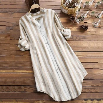 Women's Shirt Blouse Cotton Striped Daily Going out Weekend Button Long Sleeve Streetwear Basic Casual Shirt Collar Regular Fit Spring Fall Winter