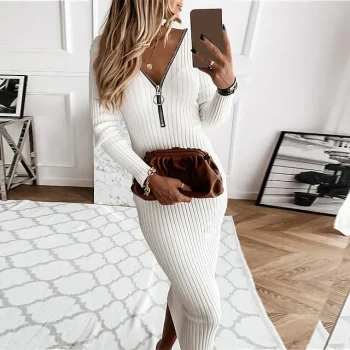 Women's Sweater Dress Jumper Dress Casual Dress Midi Dress Knitwear Fashion Elegant Dress Pure Color Winter Dress Daily Holiday Fall Dress Deep V Long Sleeve Zipper Regular Fit Black White khaki