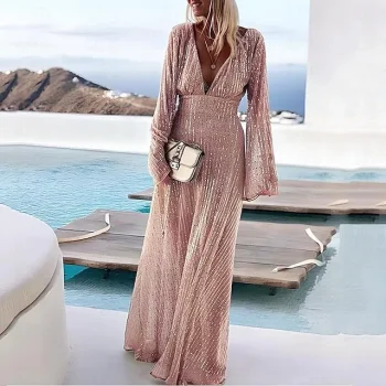 Women's Sequin Dress Prom Dress Party Dress Sparkly Dress A Line Dress Maxi long Dress Beige Long Sleeve Solid Color Fall Winter V Neck Stylish Elegant Formal