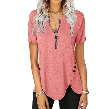 Women‘s Casual Short-Sleeved Top V-Neck Zipper Solid Color Button T-shirt Blouse