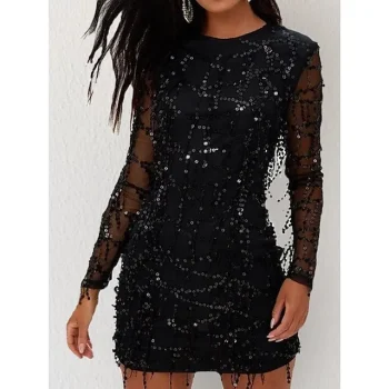 Women's Black Sequin Dress Fringe Dress Party Dress Sparkly Dress Little Black Dress Sexy Dress Black Homecoming Dress Mini Dress Long Sleeve Fall Winter Crew Neck Fashion