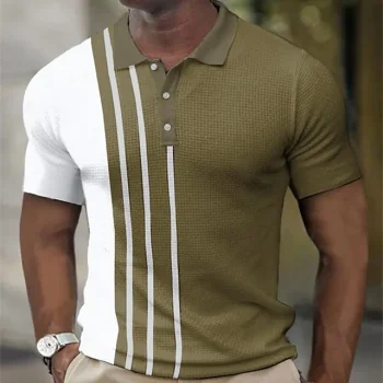 Men's Waffle Polo Shirt Golf Shirt Work Street Polo Collar Classic Short Sleeve Fashion Casual Striped Button Front Summer Spring Spring & Summer Regular Fit Black Army Green Blue Light Grey Waffle