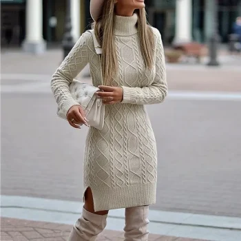 Women's Sweater Dress Knit Dress Jumper Dress Midi Dress Knitwear Fashion Elegant Dress Pure Color Outdoor Winter Dress Daily Date High Neck Long Sleeve Print Knit Regular Fit Beige S M L XL XXL