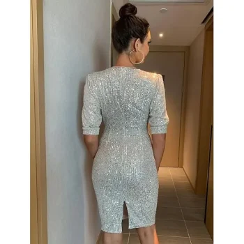 Women's Silver Sequin Dress Party Dress Sparkly Dress Homecoming Dress Silver Black Long Sleeve Solid Color Summer Spring Fall V Neck Fashion Winter Dress
