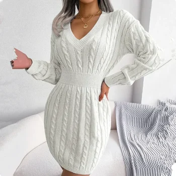 Women's Sweater Dress Jumper Dress Winter Dress Mini Dress Knitwear Fashion Classic Pure Color Winter Dress Holiday Date Fall Dress V Neck Long Sleeve Knit Loose Fit White Blue khaki S M L