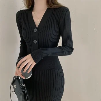 Women's Sweater Dress Knit Dress Jumper Dress Midi Dress Knitwear Elegant Stylish Pure Color Winter Dress Daily Date Vacation V Neck Long Sleeve Button Knit Regular Fit Black White Green One-Size