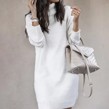 Women's Sweater Dress Winter Dress Shift Dress Mini Dress Pink Yellow Khaki Navy Blue Gray White Long Sleeve Pure Color Knit Winter Fall Turtleneck Stylish Mature 2022 S M L XL XXL 3XL