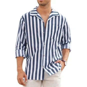 Men's Summer Shirt Beach Shirt Blue Green Dark Blue Long Sleeve Stripes Turndown Spring & Summer Casual Daily Clothing Apparel Front Pocket
