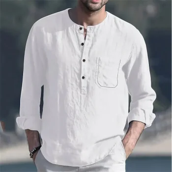 Men's Summer Shirt Beach Shirt Black Navy Blue Long Sleeve Plain Collarless Spring & Summer Daily Hawaiian Clothing Apparel Front Pocket