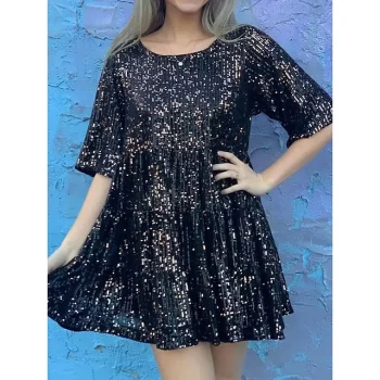 Women's Silver Sequin Dress Party Dress Sparkly Dress Homecoming Dress Mini Dress Black Purple Half Sleeve Summer Spring Fall Crew Neck Summer Dress Loose Fit