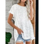 Women's Shirt Blouse White Eyelet Tops Floral Casual Weekend White Tassel Short Sleeve Basic Round Neck Regular Fit