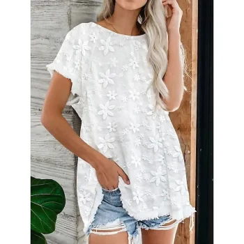 Women's Shirt Blouse White Eyelet Tops Floral Casual Weekend White Tassel Short Sleeve Basic Round Neck Regular Fit