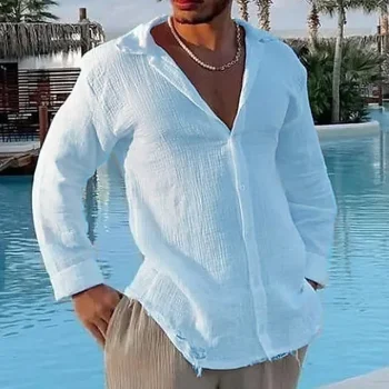 Men's Linen Shirt Summer Shirt Beach Shirt White Blue Khaki Long Sleeve Plain Turndown Summer Casual Daily Clothing Apparel