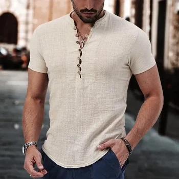 Men's Linen Shirt Popover Shirt Casual Shirt Summer Shirt Black White Wine Short Sleeve Plain V Neck Summer Casual Daily Clothing Apparel