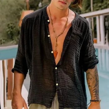 Men's Shirt Summer Shirt Beach Shirt Black Khaki Long Sleeve Plain Lapel Spring & Summer Hawaiian Holiday Clothing Apparel Basic