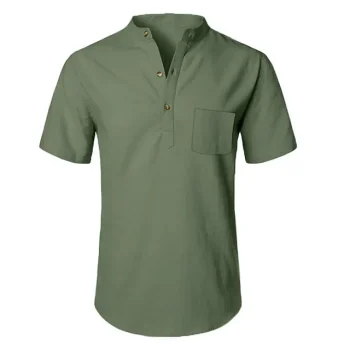 Men's Linen Shirt Shirt Casual Shirt Black Blue Green Short Sleeve Plain Stand Collar Spring & Summer Hawaiian Holiday Clothing Apparel Basic