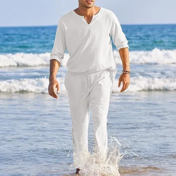 Men's 2 Piece Shirt Set Button Up Shirt Summer Shirt Beach Shirt Black White Pink Long Sleeve Plain V Neck Spring & Summer Outdoor Holiday Clothing Apparel