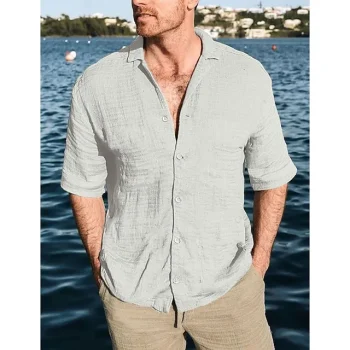 Men's Shirt Linen Shirt Casual Shirt Summer Shirt Beach Shirt Black White Blue Short Sleeve Plain Lapel Summer Casual Daily Clothing Apparel