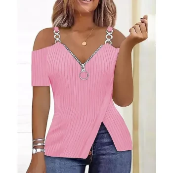 Women's Blouse Ribbed Plain Casual Cold Shoulder Pink Quarter Zip Short Sleeve Classic Casual Half Zip V Neck Regular Fit Summer Spring Fall