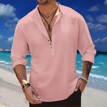 Men's Linen Shirt Shirt Popover Shirt Summer Shirt Beach Shirt White Pink Blue Long Sleeve Plain Henley Spring & Summer Casual Daily Clothing Apparel