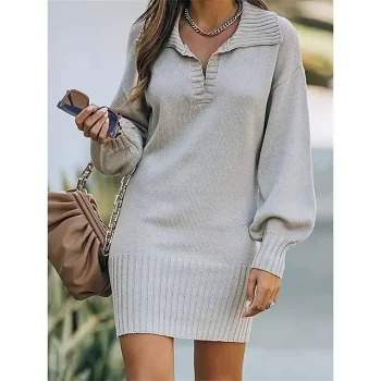 Women's Sweater Dress Knit Dress Jumper Dress Mini Dress Knitwear Warm Fashion Pure Color Outdoor Casual Daily Going out V Neck Long Sleeve Loose Fit Black Yellow Wine S M L XL XXL 3XL