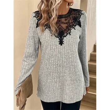 Women's Lace Shirt Shirt Blouse Color Block Casual Gray Lace Patchwork Long Sleeve Elegant Fashion Basic Round Neck Regular Fit Spring Fall
