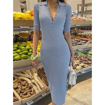 Women's Sweater Dress Knit Dress Jumper Dress Midi Dress Knitwear Active Fashion Pure Color Outdoor Casual Holiday Vacation V Neck Short Sleeve Button Regular Fit Black Yellow Pink S M L XL XXL