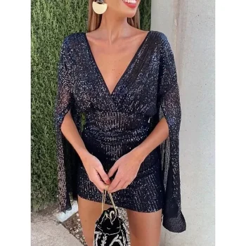 Women's Sequin Dress Party Dress Sparkly Dress Homecoming Dress Cocktail Dress Mini Dress Champagne Dark Green Dark Blue Long Sleeve Sparkly Glitter Spring Fall Winter Deep V Fashion