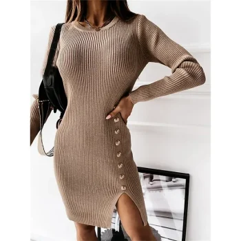 Women's Sweater Dress Knit Dress Jumper Dress Midi Dress Knitwear Warm Daily Pure Color Outdoor Casual Vacation Going out Crew Neck Long Sleeve Button Regular Fit Black White khaki S M L XL XXL