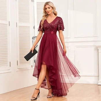 Women's Sequin Dress Prom Dress Party Dress Sparkly Dress Christmas Red Dress Long Dress Maxi Dress Wine Short Sleeve Mesh Sparkly Glitter Summer Spring Fall V Neck Fashion