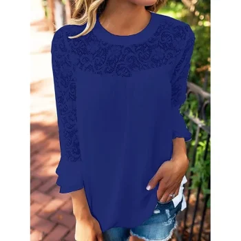 Women's T shirt Tee Plain Daily Weekend Black White Pink Lace Long Sleeve Fashion Round Neck Regular Fit Spring & Fall