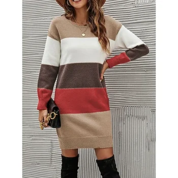 Women's Sweater Dress Jumper Dress Winter Dress Mini Dress Knitwear Fashion Streetwear Color Block Stripe Daily Date Going out Weekend Crew Neck Long Sleeve Drop Shoulder Patchwork Ribbed Loose
